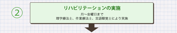 2. リハビリテーションの実施:月~金曜日まで理学療法士、作業療法士、言語聴覚士により実施↓